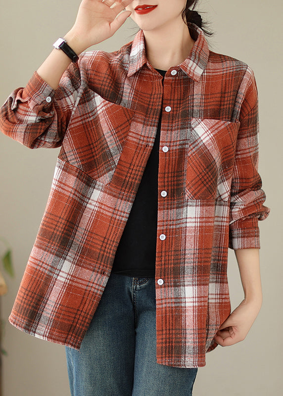 Beautiful Orange Peter Pan Collar Pockets Plaid Cotton Coat Fall QO050