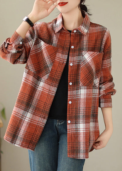 Beautiful Orange Peter Pan Collar Pockets Plaid Cotton Coat Fall QO050