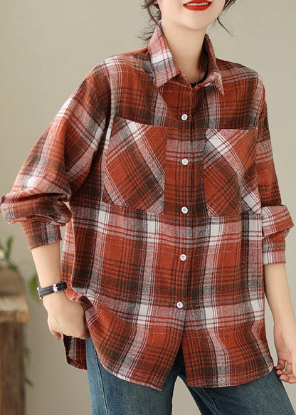 Beautiful Orange Peter Pan Collar Pockets Plaid Cotton Coat Fall QO050