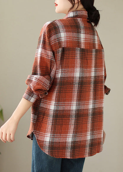 Beautiful Orange Peter Pan Collar Pockets Plaid Cotton Coat Fall QO050