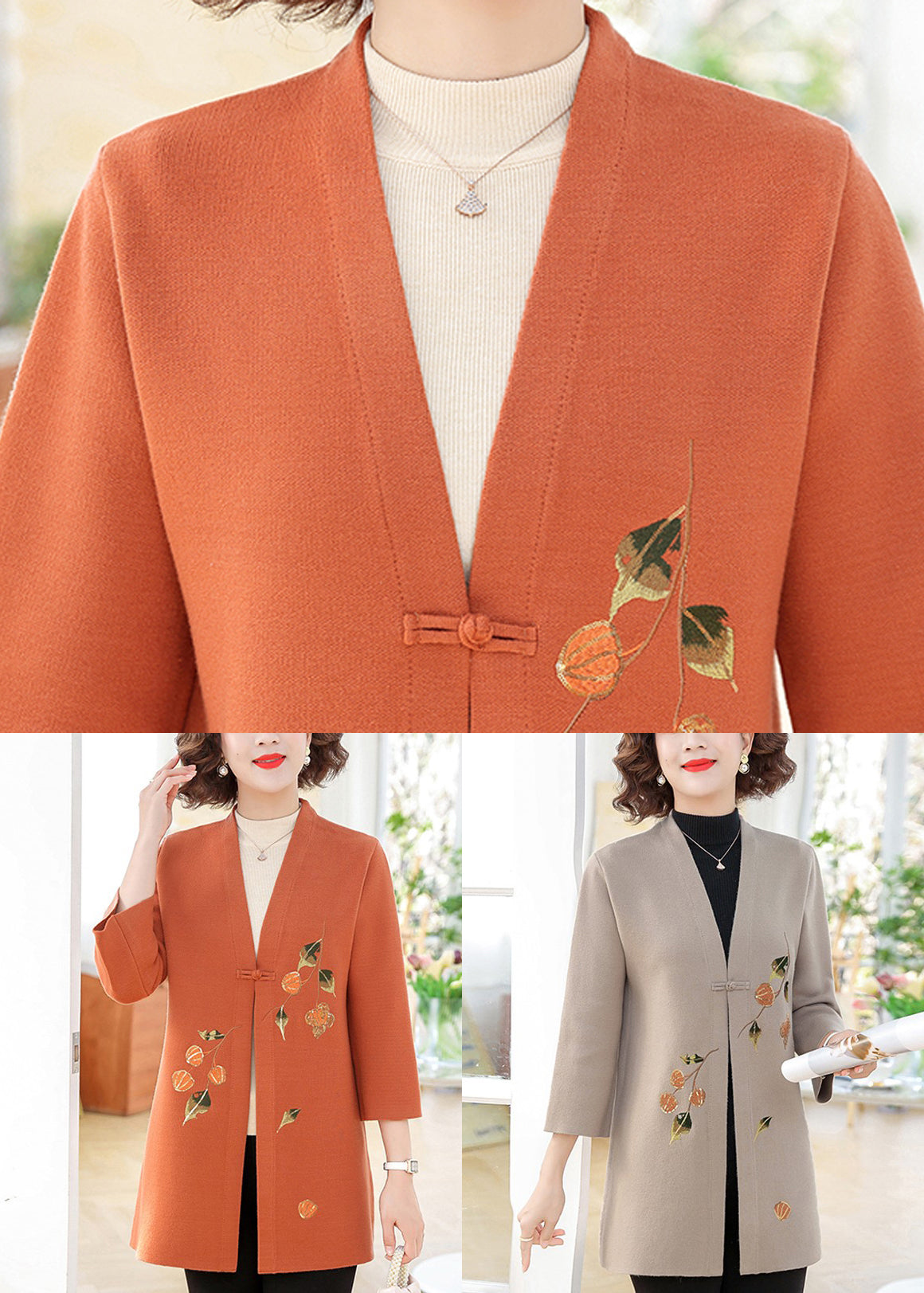 Beautiful Orange Print Cotton Knit Cardigans Bracelet Sleeve TA009