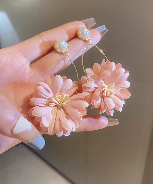 Boucles d'oreilles pendantes en tissu perlé et chrysanthème rose II011