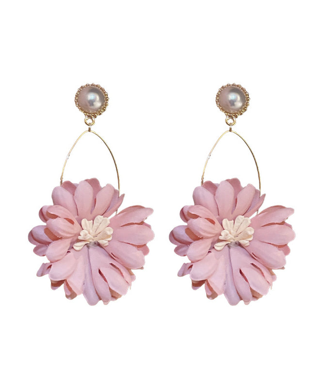 Boucles d'oreilles pendantes en tissu perlé et chrysanthème rose II011