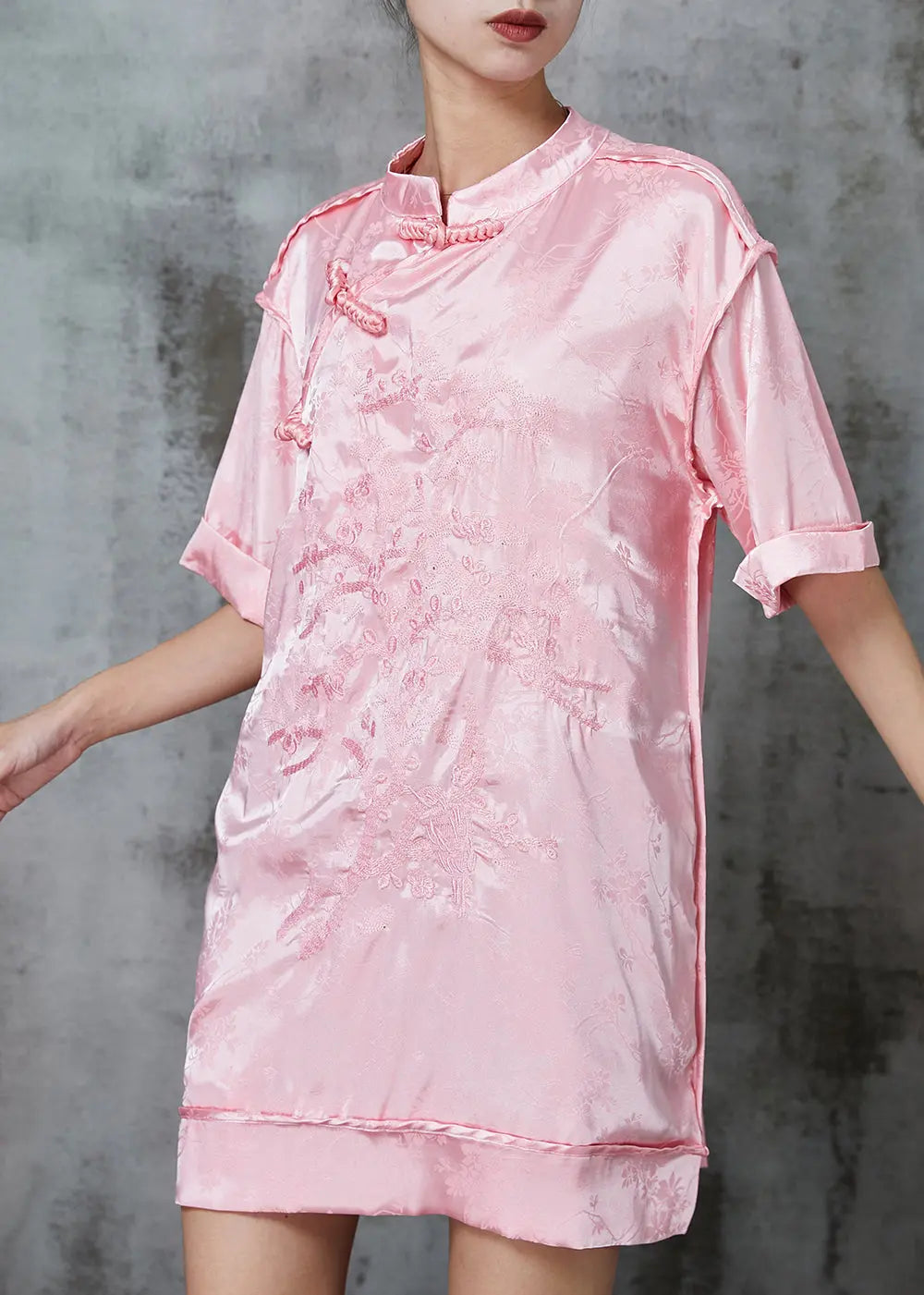 Beautiful Pink Embroidered Chinese Button Silk Mini Dress Spring JK1006 Ada Fashion