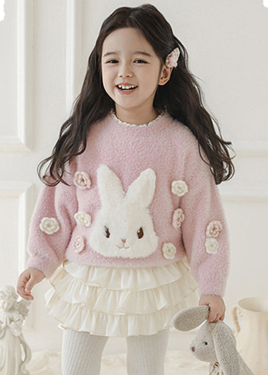 Beautiful Pink Embroideried Warm Fleece Patch Cotton Knit Kids Sweate Spring TP047