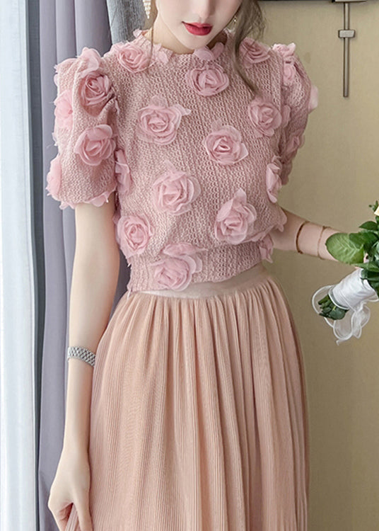 Beautiful Pink Floral Hollow Out Knit Top Summer WK033