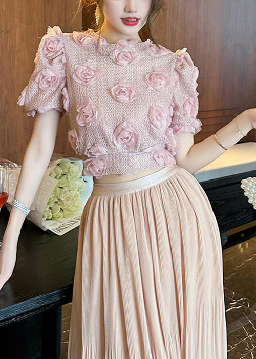 Beautiful Pink Floral Hollow Out Knit Top Summer WK033