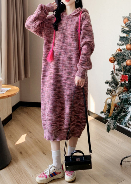 Beautiful Pink Lace Up Patchwork Cotton Knit Long Dress Winter RK034