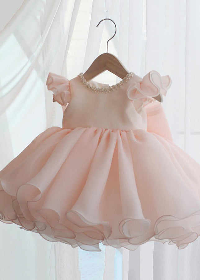 Belle robe longue rose en tulle à manches courtes pour enfants, avec patchwork de perles et de perles, YS039