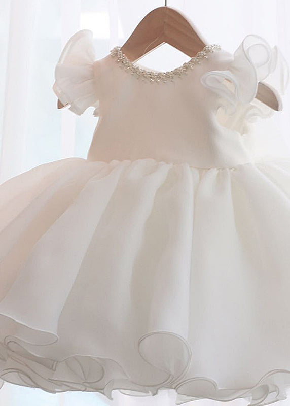 Belle robe longue rose en tulle à manches courtes pour enfants, avec patchwork de perles et de perles, YS039