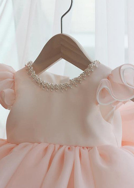 Belle robe longue rose en tulle à manches courtes pour enfants, avec patchwork de perles et de perles, YS039