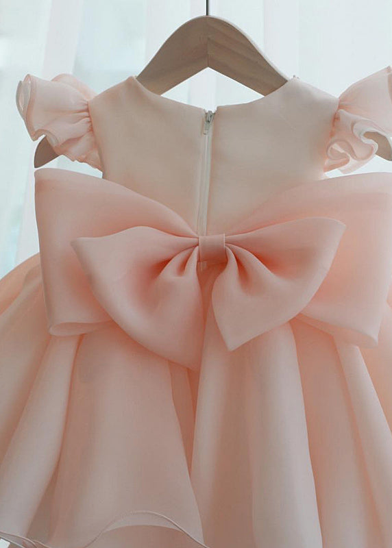 Belle robe longue rose en tulle à manches courtes pour enfants, avec patchwork de perles et de perles, YS039