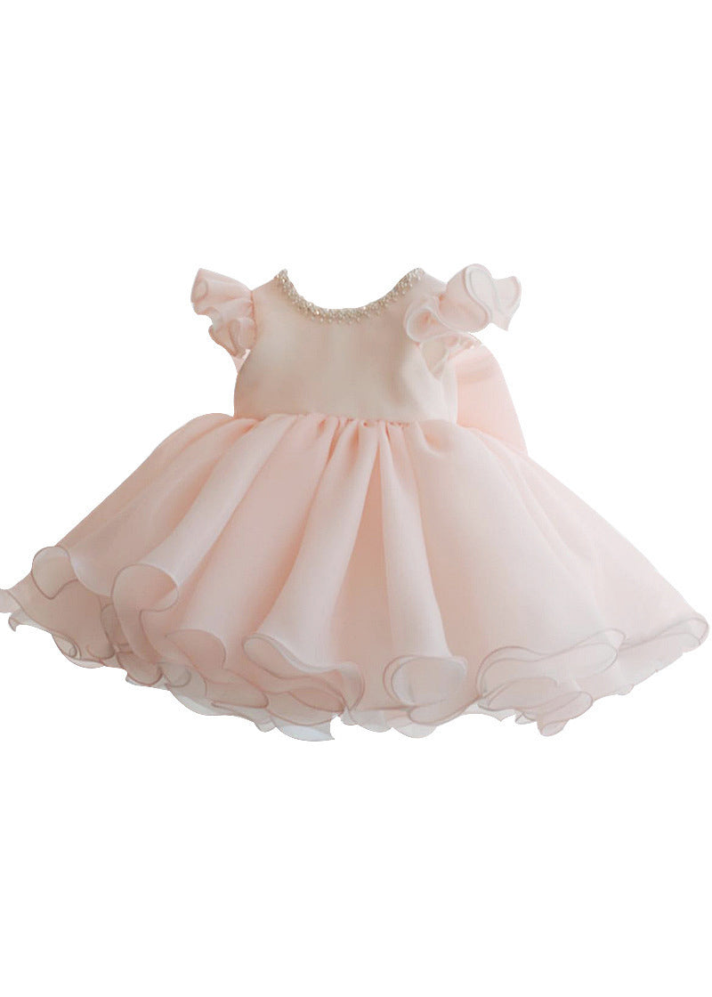 Belle robe longue rose en tulle à manches courtes pour enfants, avec patchwork de perles et de perles, YS039