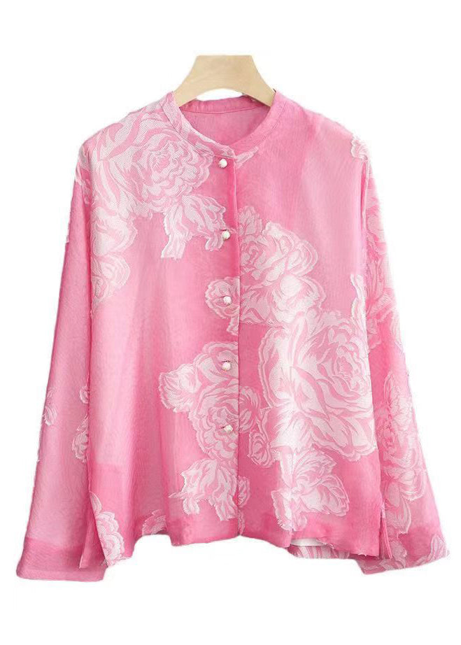 Beautiful Pink O Neck Button Print Silk Shirt Long Sleeve Ada Fashion