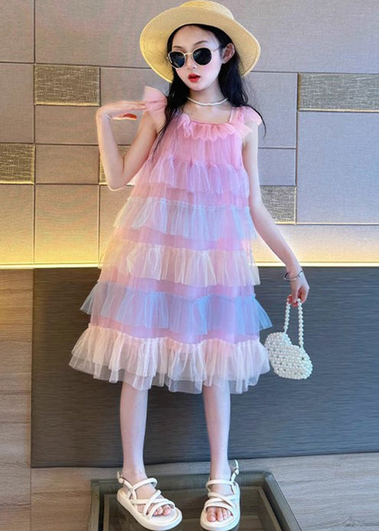 Belle robe longue rose à col rond en tulle patchwork pour enfants, tenue de vacances, été EW020