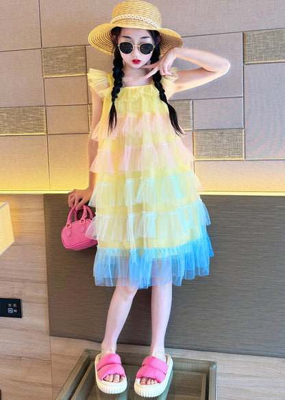 Beautiful Pink O-Neck Patchwork Tulle Kids Vacation Maxi Dresses Summer EW020