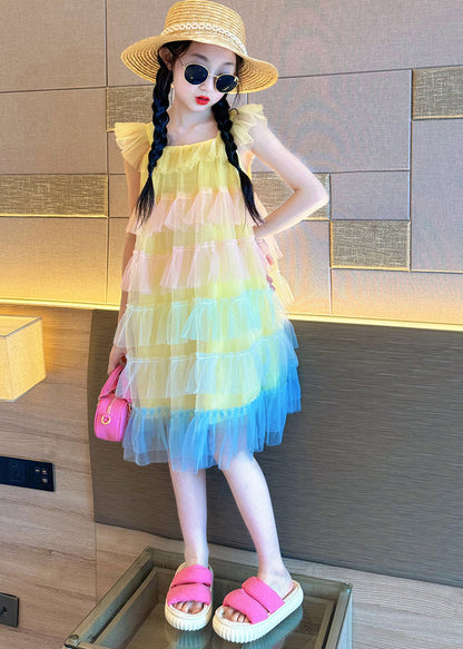 Beautiful Pink O-Neck Patchwork Tulle Kids Vacation Maxi Dresses Summer EW020