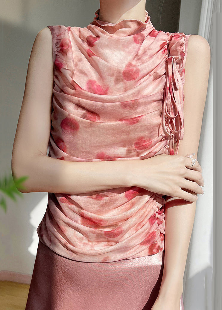 Lace Print Tulle Up Sleeveless Pink Wrinkled Beautiful Tops