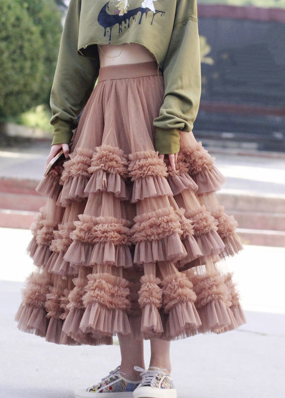 Beautiful Pink Ruffled High Waist Tulle Skirt Spring Ada Fashion