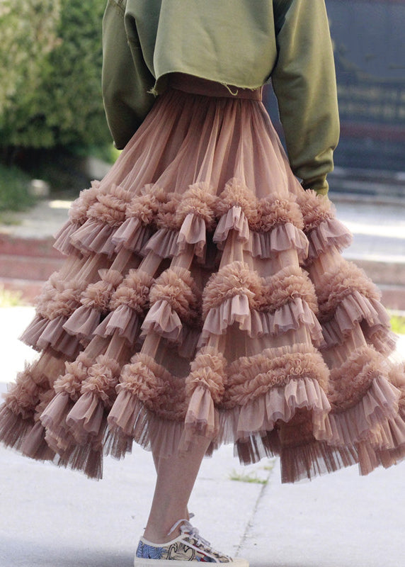 Beautiful Pink Ruffled High Waist Tulle Skirt Spring Ada Fashion