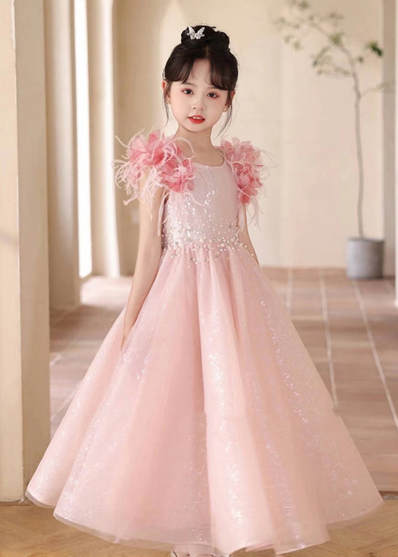 Schöne Rosa Pailletten Patchwork Tüll Mädchen Maxi Kleider Sommer YE001