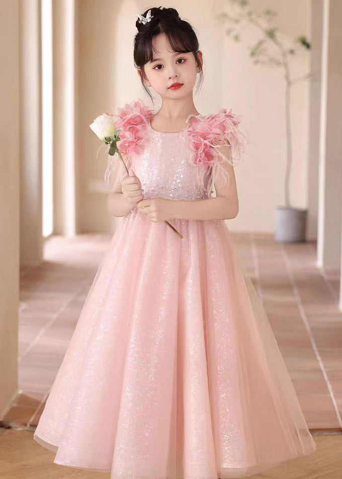 Schöne Rosa Pailletten Patchwork Tüll Mädchen Maxi Kleider Sommer YE001