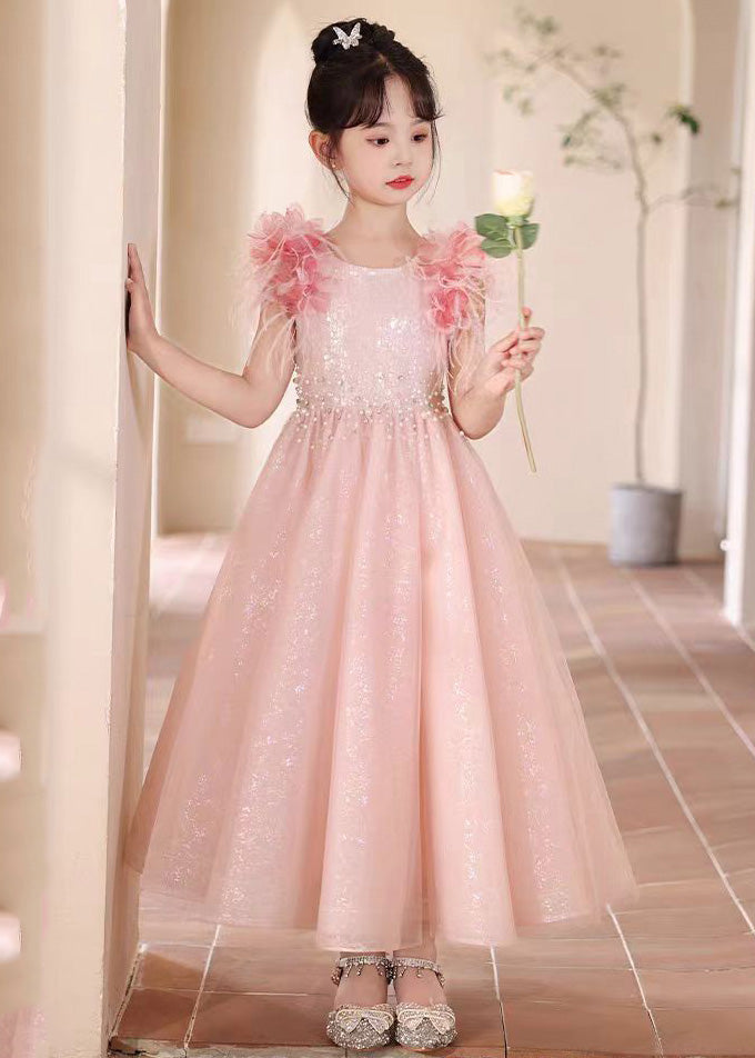 Schöne Rosa Pailletten Patchwork Tüll Mädchen Maxi Kleider Sommer YE001