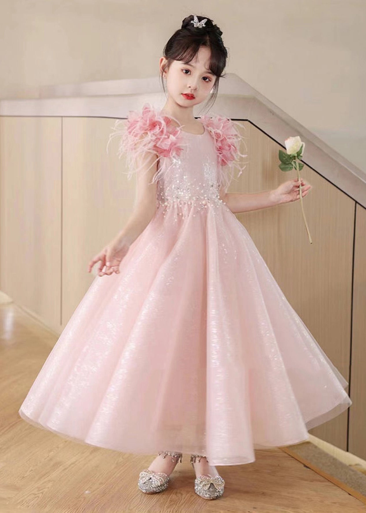 Schöne Rosa Pailletten Patchwork Tüll Mädchen Maxi Kleider Sommer YE001
