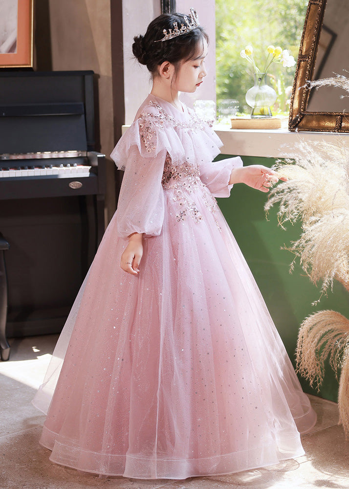 Beautiful Pink Sequins Patchwork Tulle Kids Maxi Dress Fall RP029