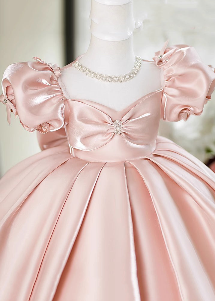 Beautiful Pink V Neck Bow Silk Kids Maxi Dress Summer YS023