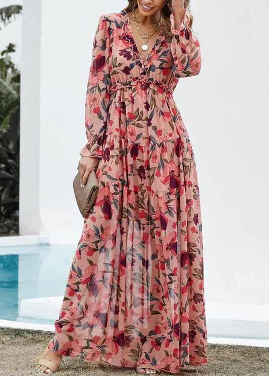 Robe rose à volants et col en V, longue et magnifique robe en mousseline imprimée