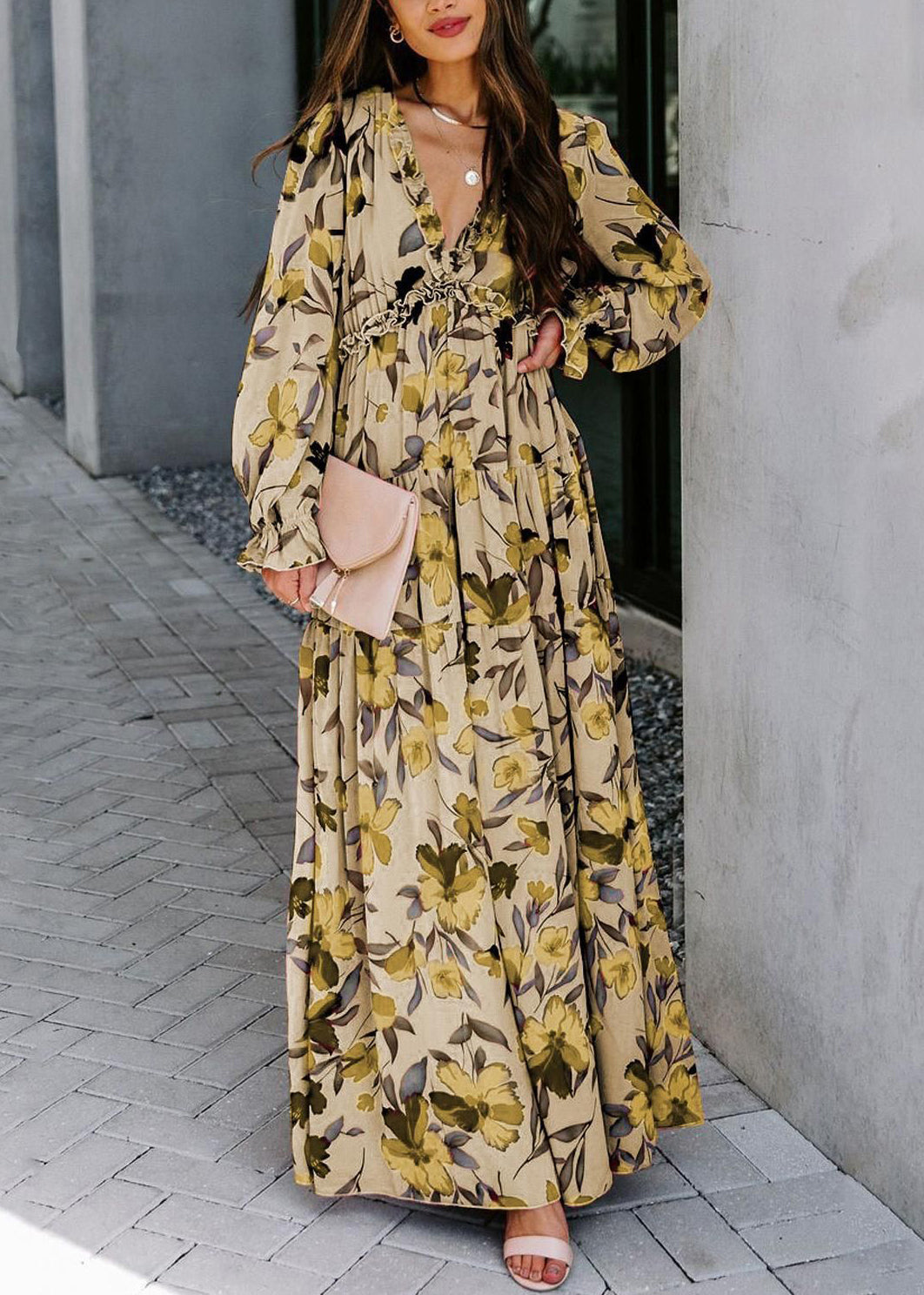 Robe rose à volants et col en V, longue et magnifique robe en mousseline imprimée