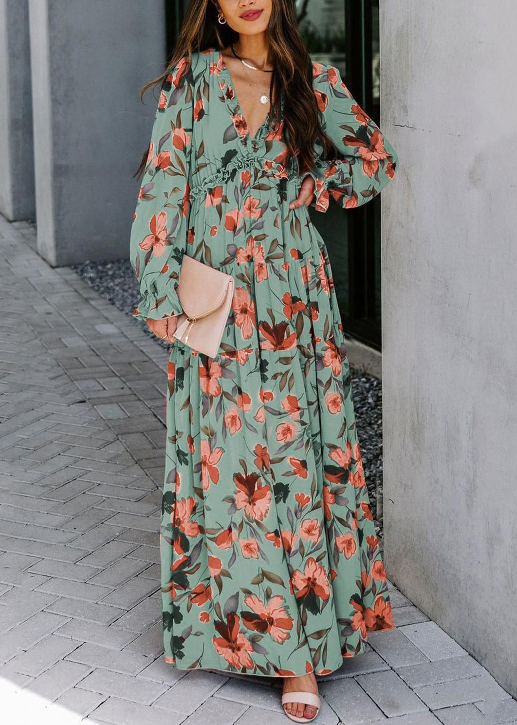 Robe rose à volants et col en V, longue et magnifique robe en mousseline imprimée