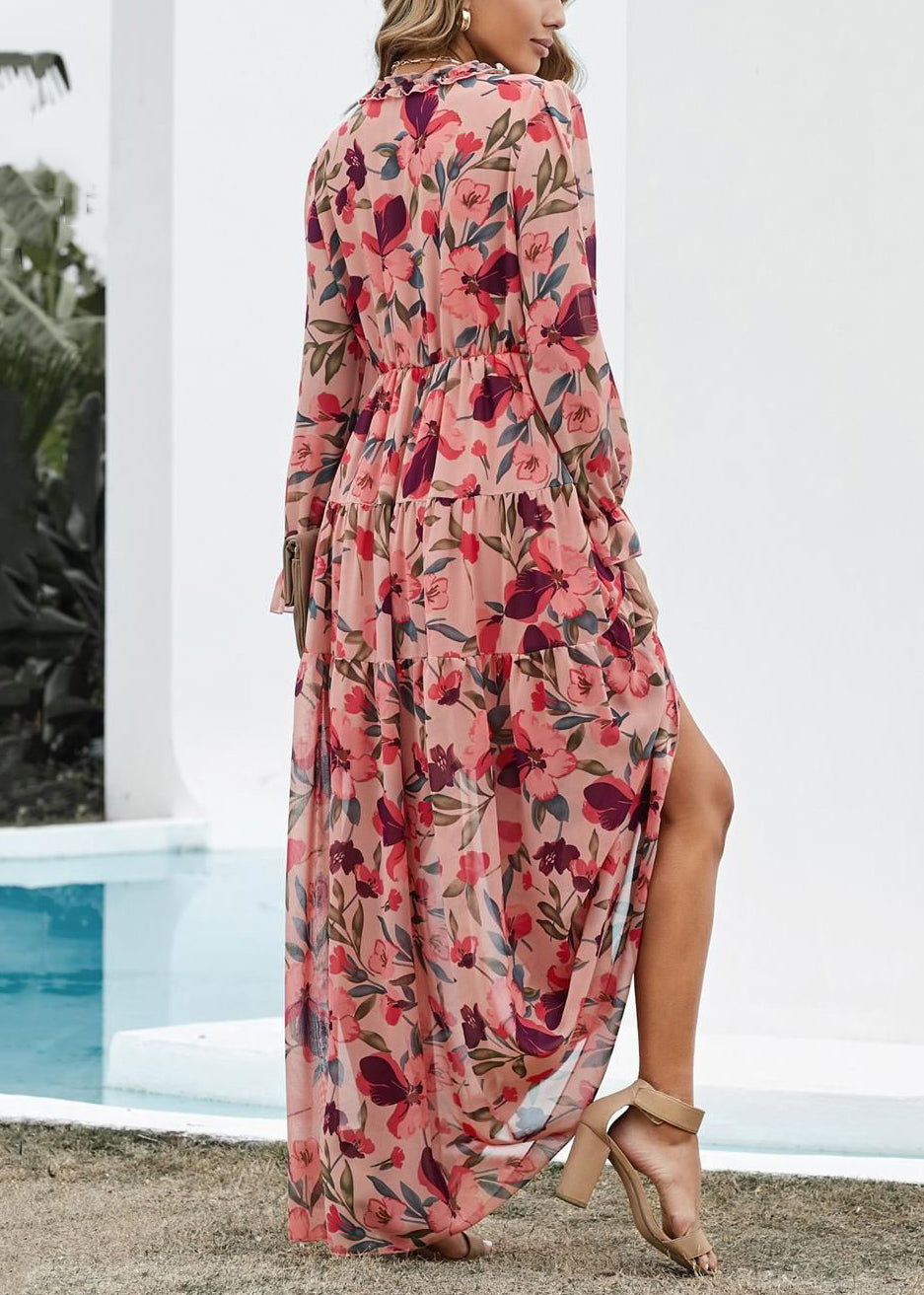 Robe rose à volants et col en V, longue et magnifique robe en mousseline imprimée