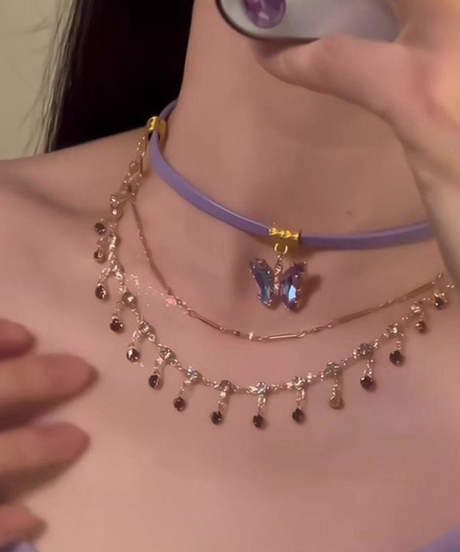 Magnifique collier avec pendentif en alliage de cristal violet et pompon PO046