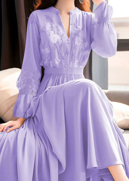 Belles robes longues à taille élastique en dentelle brodée violette pour l'automne QR031