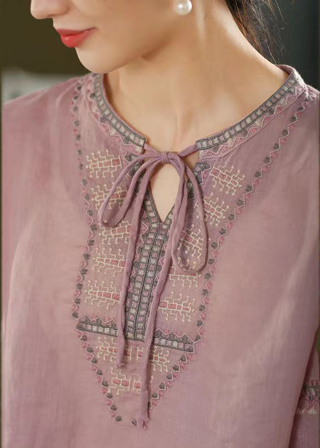 Purple Summer Linen Top Beautiful Embroidered Shirt