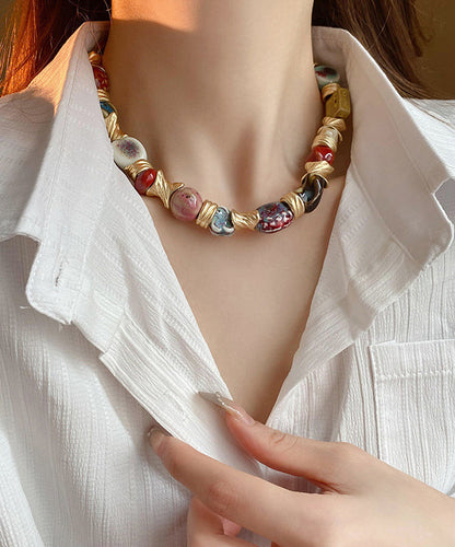 Beautiful Rainbow Sterling Silver Overgild Ceramic Beads Collar Necklace WI044