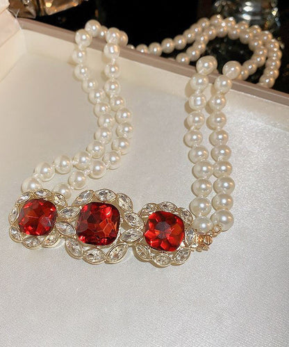 Beautiful Red Alloy Zircon Bilayer Pearl Gratuated Bead Necklace GH1022