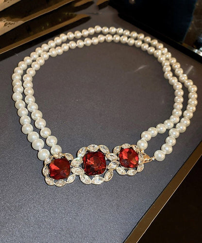 Beautiful Red Alloy Zircon Bilayer Pearl Gratuated Bead Necklace GH1022