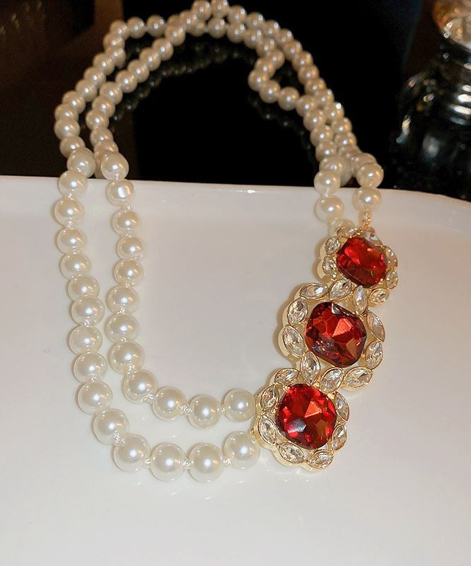 Beautiful Red Alloy Zircon Bilayer Pearl Gratuated Bead Necklace GH1022