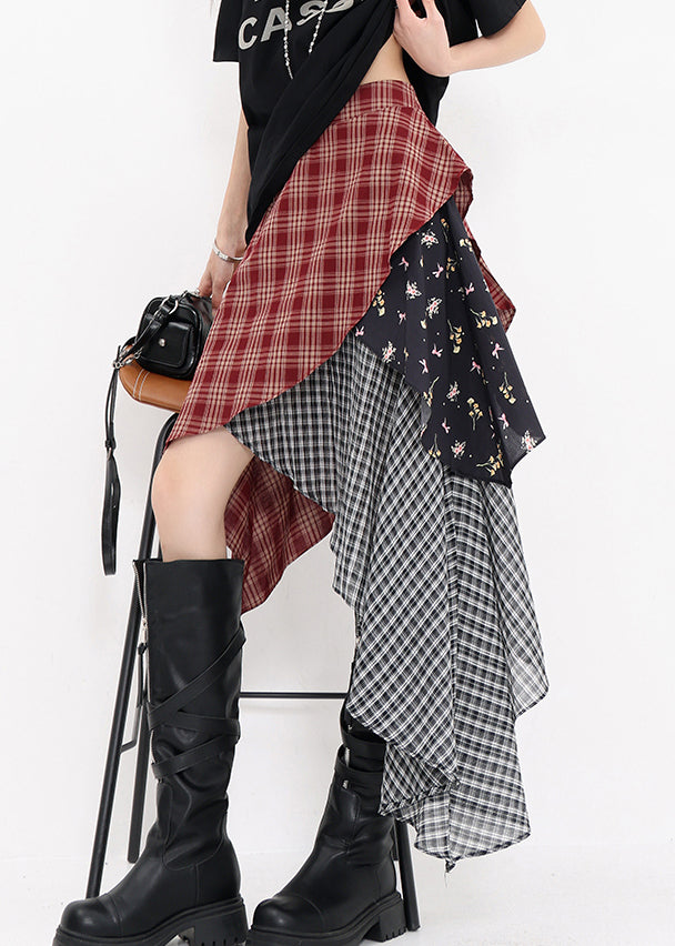 Red Beautiful Plaid Skirts Summer Asymmetrical Cotton