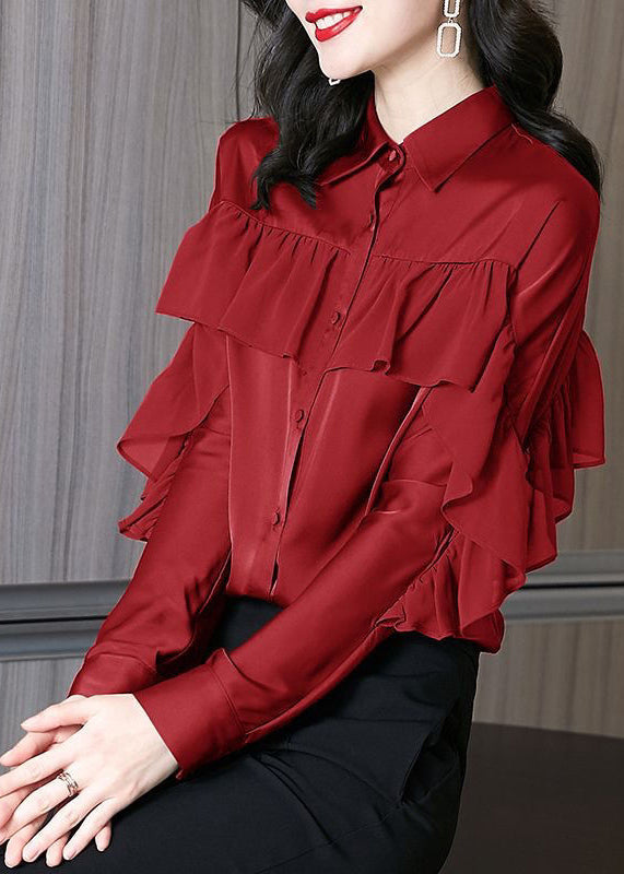 Beautiful Red Peter Pan Collar Ruffled Patchwork Silk Shirts Spring RL027