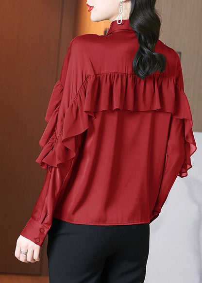 Beautiful Red Peter Pan Collar Ruffled Patchwork Silk Shirts Spring RL027