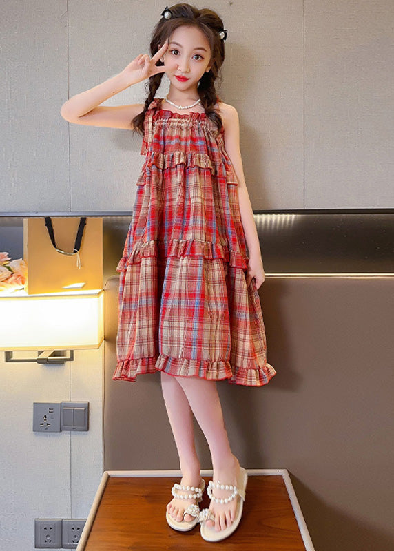 Schönes rotes Schlitzhals-Rüschen-Plaid-Patchwork-Mädchen-Unterkleid, langes Sommerkleid, GF016