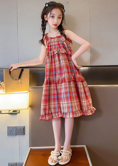 Beautiful Red Slash Neck Ruffled Plaid Patchwork Girls Slip Long Dress Summer GF016