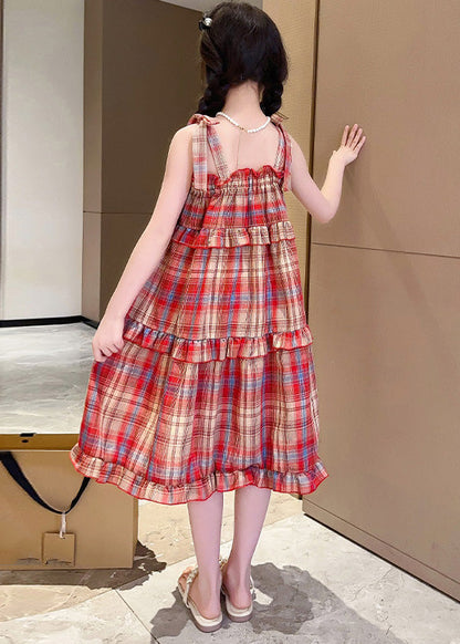 Beautiful Red Slash Neck Ruffled Plaid Patchwork Girls Slip Long Dress Summer GF016