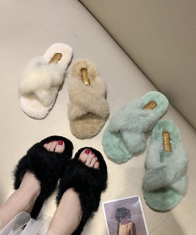 Beautiful Splicing Slippers Shoes Light Green Fuzzy Fur WB014