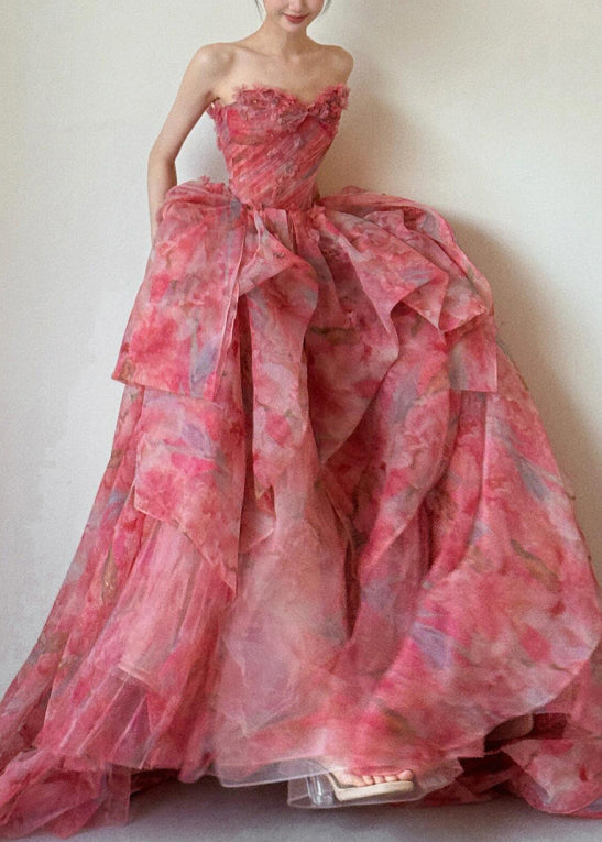 Große Taille Extra Schöner Saum Hoher Chiffon Trägerloser Druck
