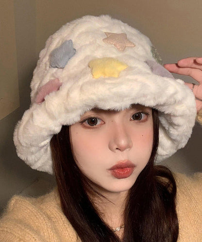 Beautiful White Patch Thick Warm Faux Fur Bucket Hat RS005